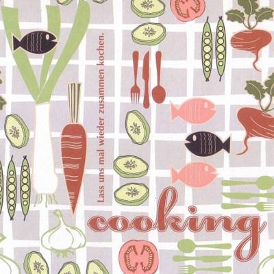 Retroliebe Cooking Fun * 10 Postkarten Lass uns mal wieder zusammen kochen, mit Besteck, Gemüse und Fisch im 60er Stil