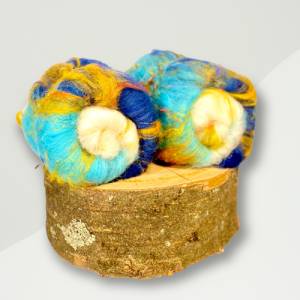 Art Batt, handkardiert und handgefärbt,Chubut türkis, dunkelblau, Alpaka weiß,Sariseide gelb Bild 5
