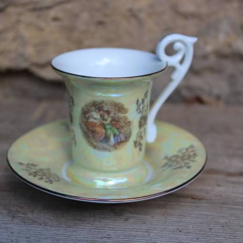 Mokkatasse Espresso Tasse Nymphen Goldrand Perlmutt Kahla Porzellan 50er 60er Jahre DDR