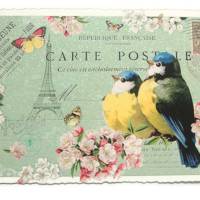 Nostalgie Postkarte  Glitterpostkarte Blaumeisen Kirschblüten Bild 1