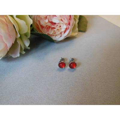 Edelstahl Ohrstecker mit Glas Cabochon, Ohrstecker, kleine Ohrringe, orangerot
