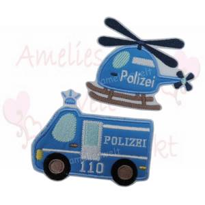 Aufnäher Polizei Bus & Polizei Hubschrauber kl. Set applikation bügelbild patch polizeiauto police car Stickapplikation Bild 1