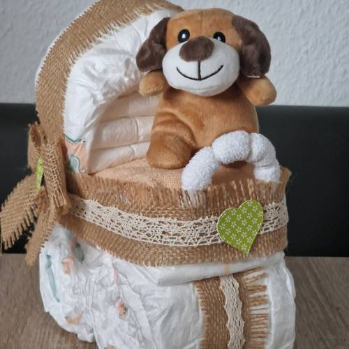 Windeltorte Kinderwagen Jute neutrale Farbe Hund Affe Babyparty Mädchen Junge