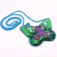 Umhängetasche Butterfly, grün, lila, türkis, Perlen, Pailletten, 15 x 11 cm, Schmetterling Bild 2
