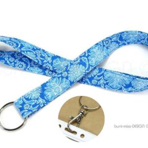 Schlüsselband lang blau weiß Blumen, Schlüsselanhänger Karabiner Schlüsselring, Ausweisband, BuntMixxDESIGN Bild 1