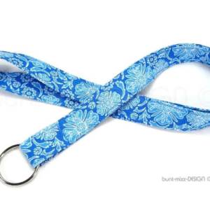 Schlüsselband lang blau weiß Blumen, Schlüsselanhänger Karabiner Schlüsselring, Ausweisband, BuntMixxDESIGN Bild 4
