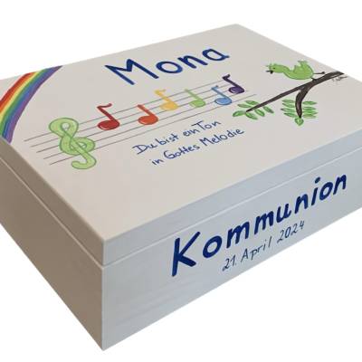 Erinnerungskiste „Du bist ein Ton in Gottes Melodie“ – Personalisierte Holzkiste zur Taufe, Geburt & Kommunion