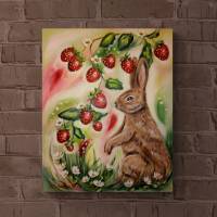 Acrylgemälde HASE MIT ERDBEEREN - gemalter Hase mit Erdbeeren auf Leinwand 40cmx50cm vonChristiane Schwarz Bild 1