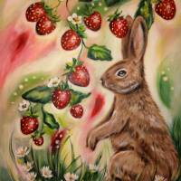 Acrylgemälde HASE MIT ERDBEEREN - gemalter Hase mit Erdbeeren auf Leinwand 40cmx50cm vonChristiane Schwarz Bild 3