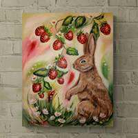 Acrylgemälde HASE MIT ERDBEEREN - gemalter Hase mit Erdbeeren auf Leinwand 40cmx50cm vonChristiane Schwarz Bild 5