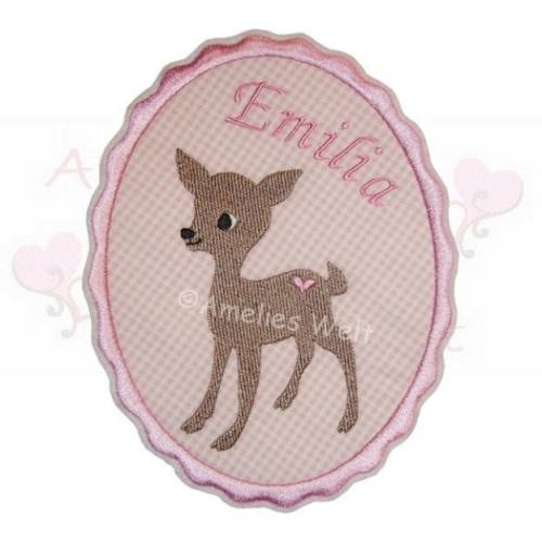 Großer Rehkitz Button mit Namen – Applikation Aufnäher rosa Bügelbild Reh Unikat für Schultüte & Zuckertüte