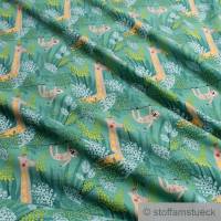 Stoff Kinderstoff Baumwolle Elastan Single Jersey grün Faultier Giraffe dehnbar Bild 1