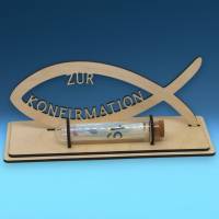 Geldgeschenk - Verpackung zur Konfirmation aus Holz mit ICHTHYS-Fisch Bild 1