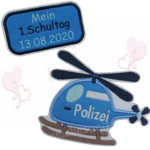 Mein ertser Schultag & Polizei Hubschrauber kl. Set applikation aufnäher bügelbild patch polizeiauto police car Stickapp Bild 1
