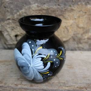kleine Vase Kugelvase Hyalithglas Schwarzglas Emaillefarben Handbemalt 50er Jahre DDR GDR Bild 2