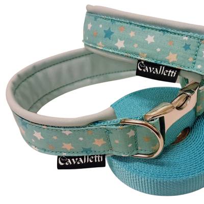 Hunde-Halsband Sternchen türkis 50-55 cm,verstellbares Halsband mit Alusteckschnalle türkis 