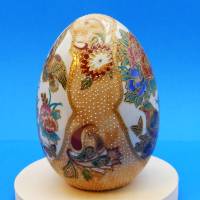 Cloisonne Ei, beige gold bunt, Vögel, Blumen, 14, 5 cm hoch, Umfang 32 cm, Osterdeko floral, Vintage Bild 2