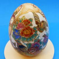 Cloisonne Ei, beige gold bunt, Vögel, Blumen, 14, 5 cm hoch, Umfang 32 cm, Osterdeko floral, Vintage Bild 3