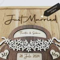 Hochzeitsgeschenk mit Personalisierung, Geldgeschenk, Holz, Auto, Geschenk zur Hochzeit, Brautpaar, Just Married Bild 2