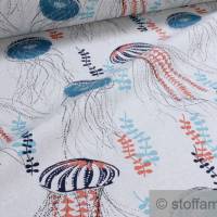 Stoff Baumwolle Polyester Rips natur Qualle maritim Meerestiere Leinenoptik Bild 1