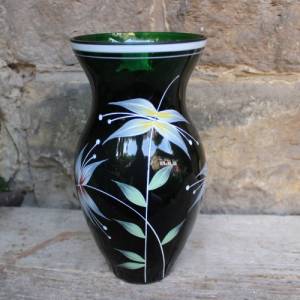 Vase dunkelgrünes Glas Handbemalt Blumendekor 50er 60er Jahre DDR Bild 1