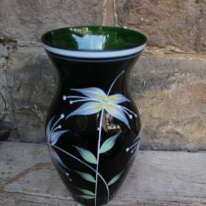 Vase dunkelgrünes Glas Handbemalt Blumendekor 50er 60er Jahre DDR Bild 2