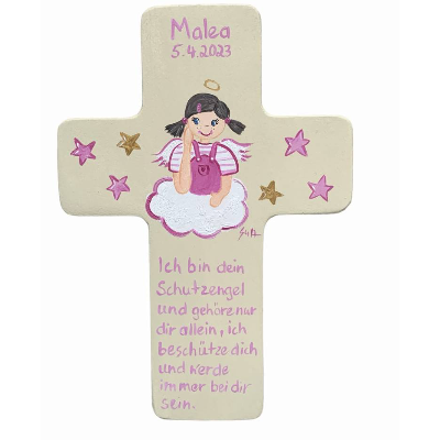 Personalisiertes Taufkreuz Schutzengelkreuz Mädchen – Handbemaltes Holzkreuz als Geschenk zur Taufe oder Geburt