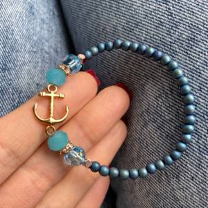 Armband Ankerarmband Anker Perlenarmband Hämatit blau Roségold Kristalle Glasschliffperlen Wunderblütenschön blaue Edels Bild 1