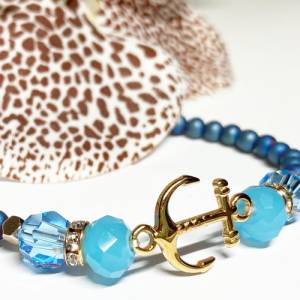 Armband Ankerarmband Anker Perlenarmband Hämatit blau Roségold Kristalle Glasschliffperlen Wunderblütenschön blaue Edels Bild 4