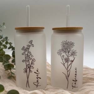 personalisierte Kaffeetasse*mit Name*Geburtsblumentasse*Geburtsblume*Glasbecher*Eiskaffeetasse,Geburtstagsgeschenk*Stroh Bild 2