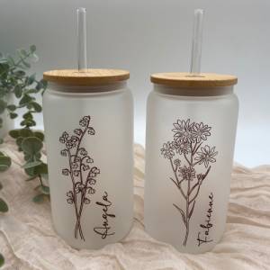 personalisierte Kaffeetasse*mit Name*Geburtsblumentasse*Geburtsblume*Glasbecher*Eiskaffeetasse,Geburtstagsgeschenk*Stroh Bild 8
