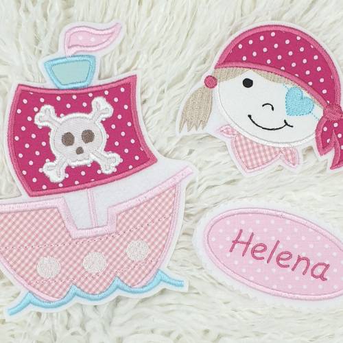 Großes Piratenschiff Applikation Set – Piratin & Namensbutton für Schultüte, personalisiert, Handarbeit