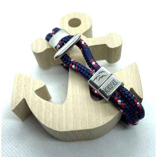 Maritimes Armband aus Segelseil, dunkeklblau/rot/weiß, mit versilberten Zwischenstücken und versilbertem Haken