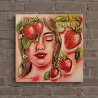 ERDBEERTRAUM - gemaltes Frauenportrait mit Erdbeeren auf Leinwand 50cmx50cmx3,6cm von Christiane Schwarz Bild 1