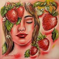ERDBEERTRAUM - gemaltes Frauenportrait mit Erdbeeren auf Leinwand 50cmx50cmx3,6cm von Christiane Schwarz Bild 2