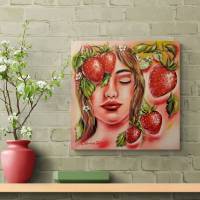 ERDBEERTRAUM - gemaltes Frauenportrait mit Erdbeeren auf Leinwand 50cmx50cmx3,6cm von Christiane Schwarz Bild 3