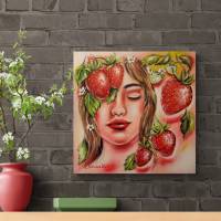 ERDBEERTRAUM - gemaltes Frauenportrait mit Erdbeeren auf Leinwand 50cmx50cmx3,6cm von Christiane Schwarz Bild 4