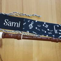 Flötentasche mit Namen, Flötenbeutel - Musiknoten schwarz (mit optionalen Zubehörfach / Fütterung / Halsband) Bild 3