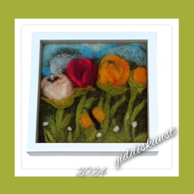 Filzkunst, Filzblumen, Osterbild, gefilzt im 3-D- Bilderrahmen