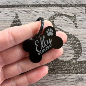 Hundeknochen Halsband Anhänger Gravur Pfote schwarz Aluminium Accessoire Hund Vierbeiner graviert Laser personalisiert S Bild 4