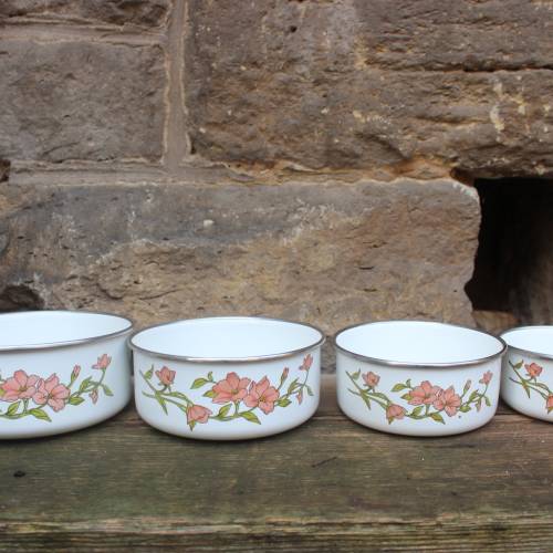 4 tlg. Emailleschüssel Set Blumen Dekor Landhaus Küche Vintage DDR