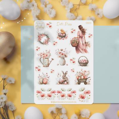 Oster Stickerbogen Easter Poppy romantische Ostersticker mit Mohnblumen in altrosa