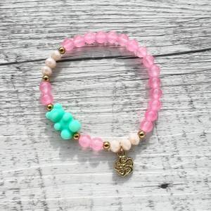 Armband Gummibärchen Pink Edelstahl Gold Perlen Mädchen Sommer bunt Blume Glasperlen Rosa Creme elastisch Bild 1
