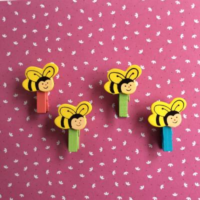 4 Motivklammern mit Biene, Miniklammer aus bemaltem Holz als Tischdekoration, für Geschenke und vieles mehr, 4 cm lang