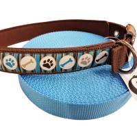 Hundehalsband Pfötchen Länge 48-53 cm verstellbar  Halsband braun türkis mit Dornschnalle Lederpolsterung Bild 1