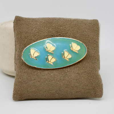 Vintage Brosche oval Goldfarbe Messing Glasiert Türkisblau Grünblau Schmetterlinge Tiermotiv Zeitlos Damenbrosche