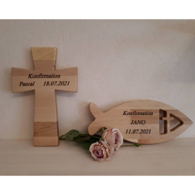 Fisch oder Kreuz personalisiert * Kreuz aus Holz mit Beschriftung * Konfirmation * Kommunion * Taufe * Geschenk *