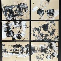 Handgemaltes abstraktes minimalistisches 6er SET auf hochwertigem 250g Naturell Papier schwarz weiß sand beige Bild 2