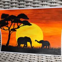 Acryl Bild Sonnenuntergang Elefanten | Afrika Acryl / Elefanten Bild | Sunset | | DINA4 | handgemalt | Acrylmalerei Bild 1