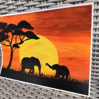 Acryl Bild Sonnenuntergang Elefanten | Afrika Acryl / Elefanten Bild | Sunset | | DINA4 | handgemalt | Acrylmalerei Bild 2